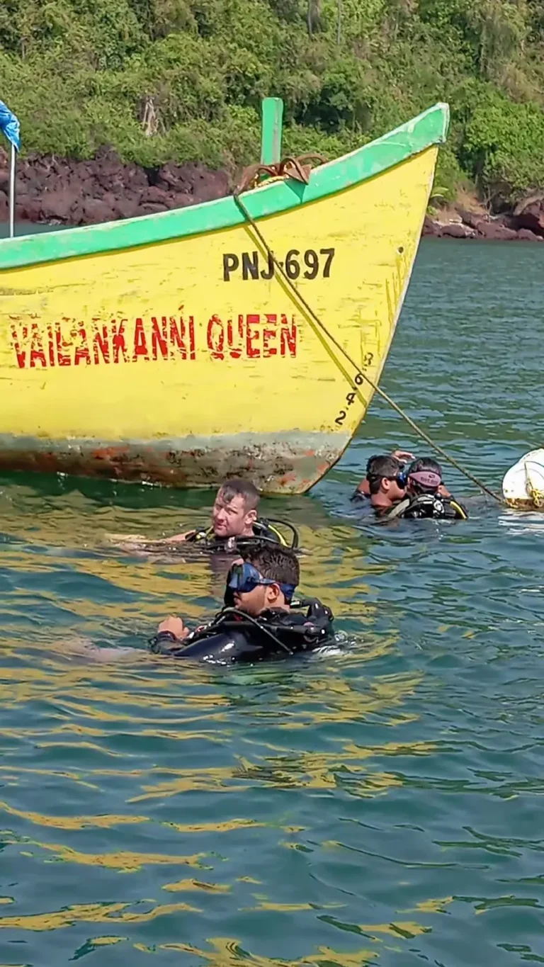 Divers floating at the surface in their gear next to a yellow wooden boat near a green, rocky shore