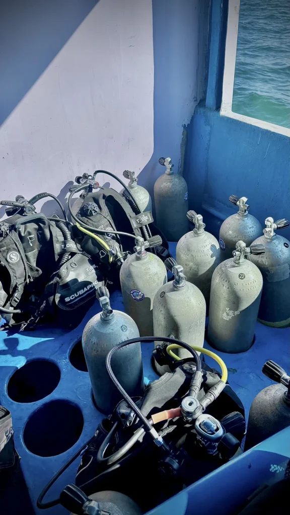 Rows of scuba tanks and Scubapro BCDs racked on a blue dive boat deck