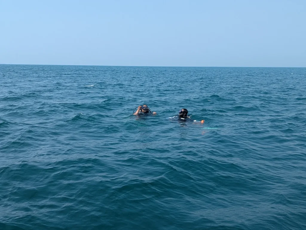 Two divers at the surface far out in open blue sea