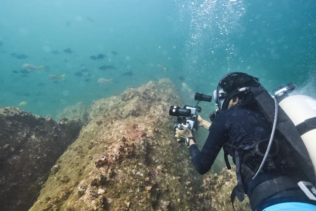 Diver filming fish with a video rig over a rocky reef