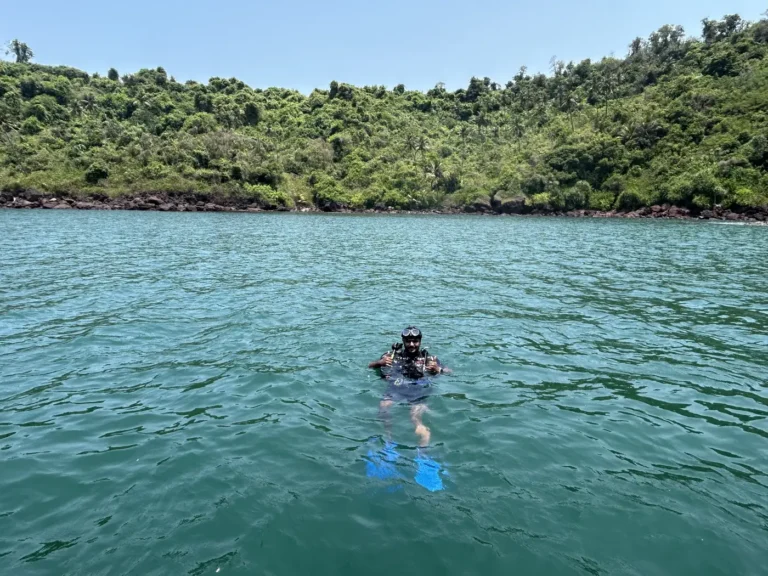 Diver resting at the surface below the green cliffs of Grand Island