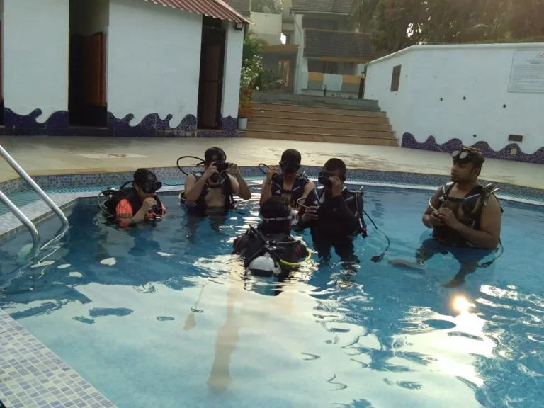 A group of students in dive jackets and tanks stand in a resort pool, adjusting their masks