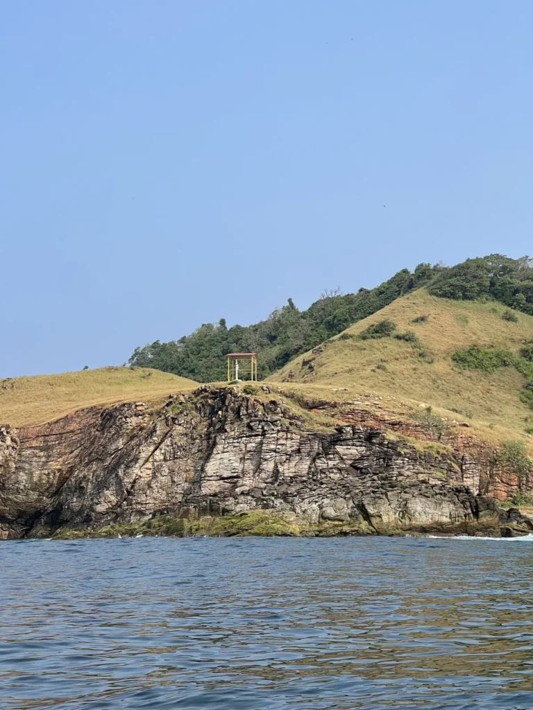 Rocky cliff topped with grassy slopes and trees, seen across the water from the boat