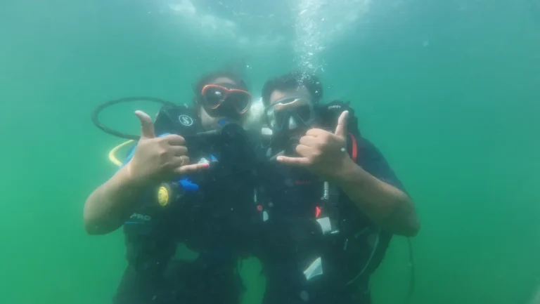 Two divers side by side throw shaka signs in green water as bubbles rise above them